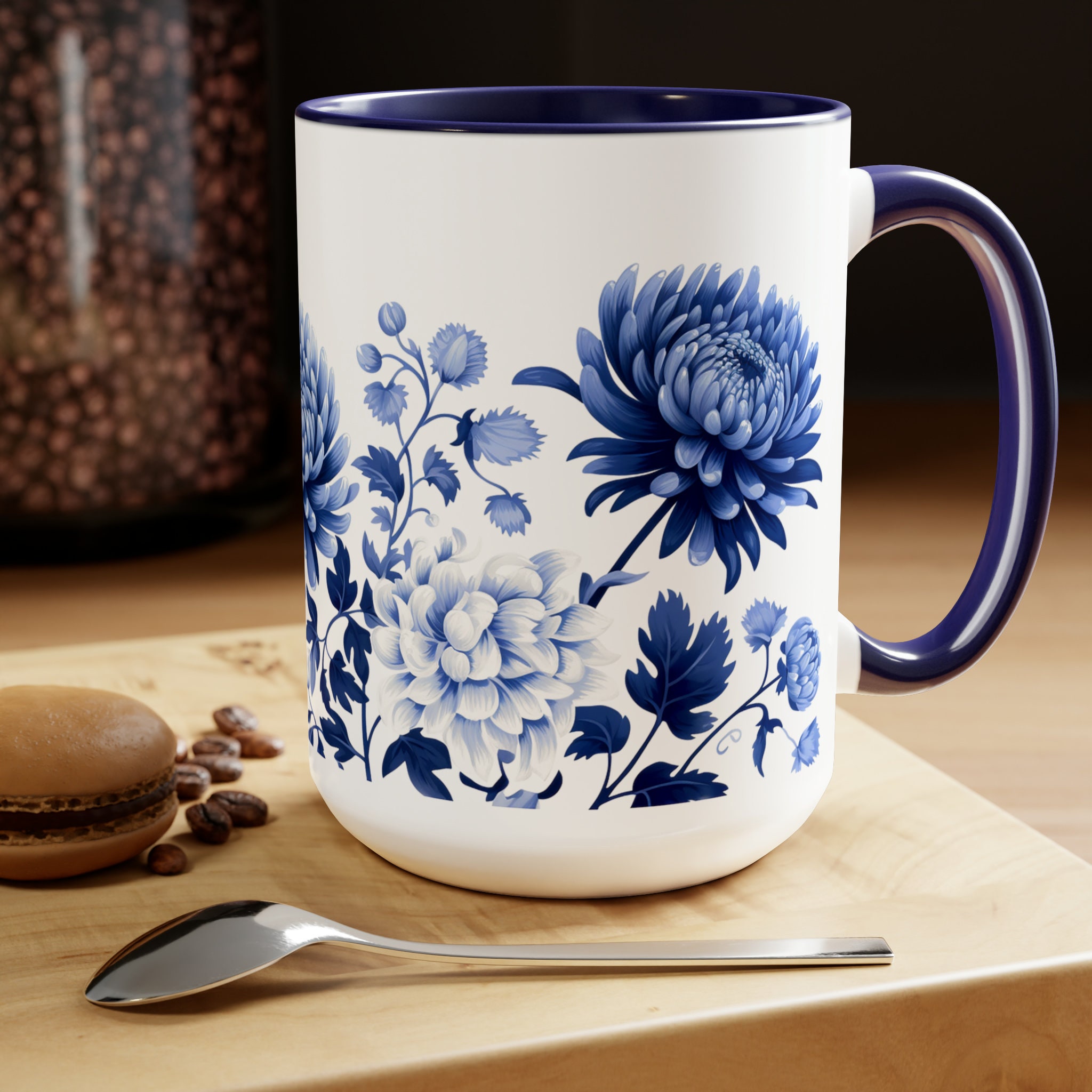 Chinoiserie Flower Mums Cup, Chinese Chrysanthemums Mug, Mums Chrysanthemums Coffee and Tea Ceramic Two-Tone Coffee Mugs, 15oz