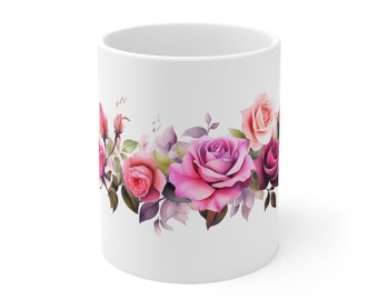 Rose Mug, Bouquet of Roses Cup, Pink Roses Coffee and Tea Cup, Rose Bush Ceramic Mug 11oz