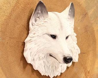 Decoración de pared con forma de cabeza de lobo blanco Figura animal Arte de pared