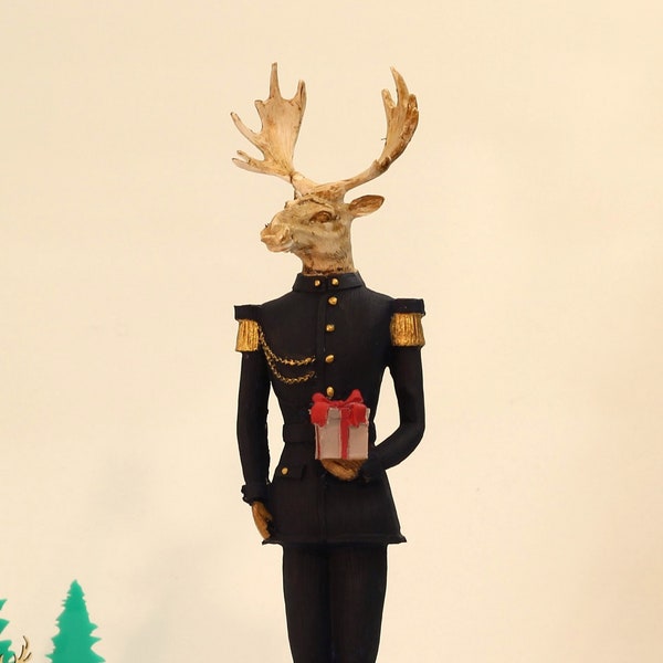 Soldier Deer Statue, Rustic Art, Polyester and Marble Powder