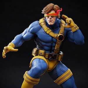 May include: A detailed figurine of a superhero character with brown hair, wearing a blue bodysuit with yellow straps, gloves, and boots. The figure features a red visor over the eyes, a utility belt with an X emblem, and a dynamic pose.