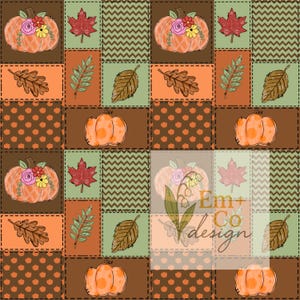 May include: A patchwork design featuring pumpkins, leaves, and floral accents in shades of orange, brown, and green. The design includes pumpkins with flower embellishments, maple leaves, and various leaf illustrations, creating a fall-themed pattern.