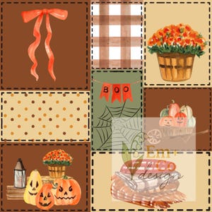 Peut inclure: Un motif patchwork avec des thèmes d'automne et d'Halloween. Le design comprend un ruban marron, un motif vichy, un panier de fleurs oranges, une bannière "BOO", une toile d'araignée, des citrouilles et une pile de couvertures.