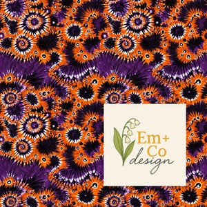 May include: A vibrant, abstract pattern featuring concentric circles in shades of orange, purple, and black. The design has a tie-dye effect. A square logo with the text "Em + Co design" is in the lower right corner.
