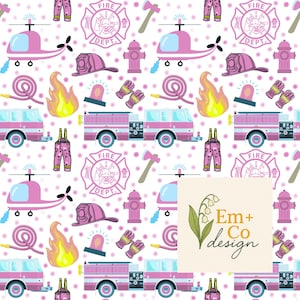 May include: A repeating pattern featuring pink fire trucks, helicopters, helmets, axes, and fire department emblems on a white background with pink polka dots. The design includes the text "Em + Co design".