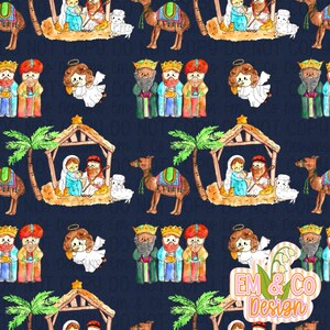 May include: A repeating pattern of watercolor illustrations on a dark blue background. The design features scenes of the Nativity, including the Holy Family, angels, camels, and the Three Wise Men. The overall theme is Christmas.