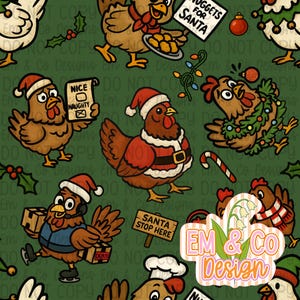 Könnte beinhalten: Ein sich wiederholendes Muster von Cartoon-Hühnern mit Weihnachtsmützen und festlicher Kleidung auf grünem Hintergrund. Einige Hühner halten Schilder mit den Aufschriften "NICE" und "NAUGHTY", während andere Geschenke tragen oder Lichterketten tragen. Das Design enthält den Text "Nuggets for Santa" und "Santa Stop Here".