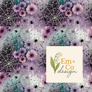 May include: A digitally created pattern featuring a Halloween theme. The design includes purple and pink flowers, spiderwebs, and black spiders. The background has a watercolor effect with shades of gray, teal, and purple. The text "Em + Co design" is in a cream-colored box.