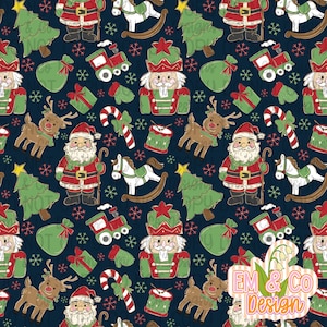 May include: A repeating pattern on a navy blue background featuring Christmas-themed illustrations. Santa Claus, reindeer, nutcrackers, Christmas trees, rocking horses, candy canes, and gift bags are depicted in a festive design.