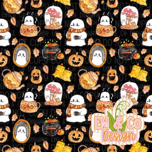 May include: A repeating pattern featuring Halloween-themed illustrations on a black background. The design includes pumpkins, ghosts, mushrooms, teapots, and autumn leaves in orange, brown, and white. The pattern is suitable for fabric or wallpaper.