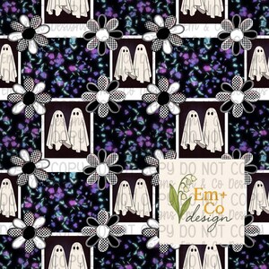 以下が含まれることがあります： 白い幽霊、白黒の市松模様の花、紫色の花のアクセントが暗い背景に繰り返されるパターン。白い長方形のフレームがデザインを縁取っています。画像には「Em + Co design」というテキストが含まれています。