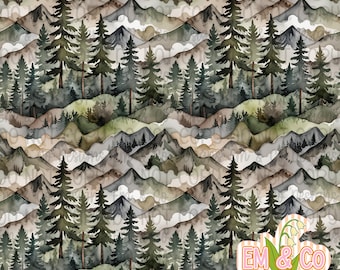 May include: Watercolor pattern featuring a mountain landscape with evergreen trees and rolling hills. The design uses shades of green, brown, and gray to depict a forest scene. The image has a repeating pattern of trees and mountains.