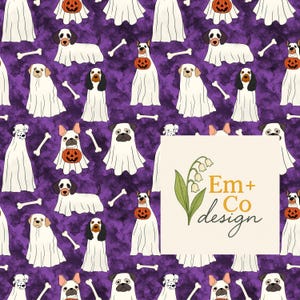 May include: A repeating pattern featuring various dog breeds dressed as ghosts, holding jack-o'-lanterns and bones, set against a textured purple background. The design includes the text "Em + Co design" in a cream-colored box.