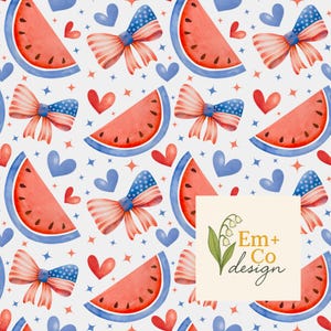 Patriotic Watermelon Bow Seamless Pattern | 4th of July Digital Paper | Red White Blue Heart PNG | Summer Seamless File