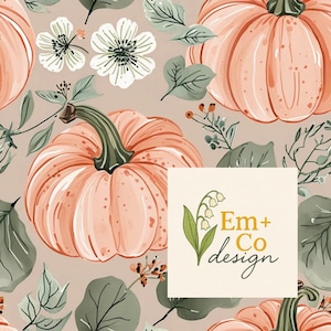 May include: A repeating pattern featuring watercolour pumpkins in shades of peach and orange, with green stems and leaves. White flowers and sprigs of berries are scattered throughout. The design has a soft, autumnal feel. The logo "Em + Co design" is in the bottom right corner.