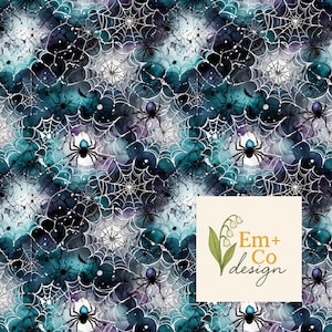 May include: A digitally created pattern featuring a watercolour design of spiderwebs and spiders in shades of teal, purple, and black. The design includes the text "Em + Co design" in a square.