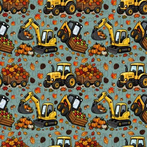 May include: A repeating pattern on a teal background featuring yellow construction vehicles including excavators and tractors. The excavators carry pumpkins in their buckets, while the tractors pull wooden carts filled with autumn leaves or apples.
