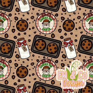 May include: A repeating pattern featuring chocolate chip cookies, milk bottles, and plates with the text "Cookies for Santa" and a Santa Claus graphic. The background is a light brown color with small brown dots.