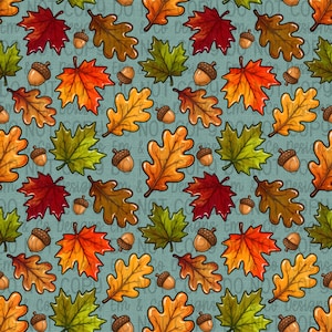 Könnte beinhalten: Ein sich wiederholendes Muster auf hellblauem Hintergrund mit verschiedenen Herbstblättern in Rot-, Orange-, Gelb- und Grüntönen, durchsetzt mit kleinen braunen Eicheln. Das Design enthält ein schwaches Wasserzeichen mit Text.