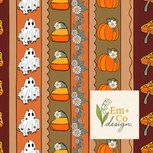 May include: A repeating pattern featuring Halloween-themed illustrations. The design includes white ghosts, candy corn, orange pumpkins, and mushrooms. A floral border and the Em+Co design logo are also present.