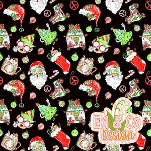 May include: A repeating pattern on a black background featuring Christmas-themed illustrations. Santa Claus with peace signs, Christmas trees, camper vans, and stockings are interspersed with peace symbols and ornaments. The design includes the text "EM & CO Design".