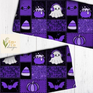 May include: A Halloween patchwork design with a repeating pattern of bats, cauldrons, candy corn, pumpkins, and a ghost wearing headphones. The design uses black, purple, and white, with a glittery purple square. The design includes the text "Em+ Co design".