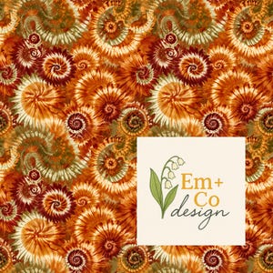 May include: A vibrant, repeating pattern of tie-dye spirals in shades of orange, brown, and white. The design features a variety of sizes and overlapping patterns. A square logo with the text "Em + Co design" is in the lower right corner.