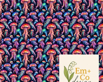 May include: A repeating pattern of colorful jellyfish in shades of orange, pink, blue, and purple against a dark navy background. The jellyfish have long, flowing tentacles and are evenly spaced across the image. The design includes the text "Em + Co design".