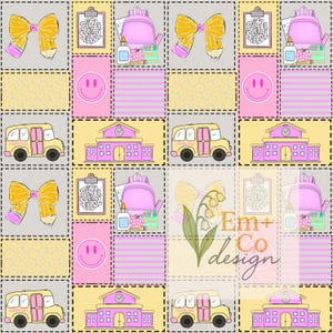 Könnte beinhalten: Ein sich wiederholendes Muster mit Illustrationen zum Thema Schule. Das Design umfasst einen gelben Schulbus, einen rosa Rucksack, ein Schulgebäude, eine gelbe Schleife mit einem Bleistift, ein Klemmbrett mit dem Text "Back 2 School" und ein rosa Smiley. Der Hintergrund ist ein Patchwork-Design.