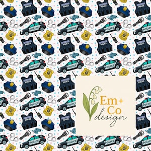 May include: A repeating pattern of police-themed illustrations. The design includes police cars, badges, handcuffs, flashlights, bulletproof vests, hats, and radios. The background is white with small, colorful dots. The design also includes the text "POLICE".
