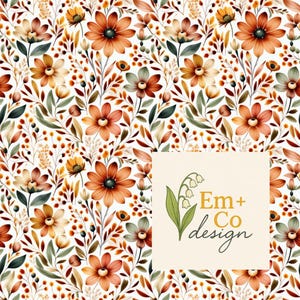 May include: A repeating floral pattern with orange, brown, and cream flowers and foliage on a white backdrop. The design showcases diverse flower and leaf forms. A square with the text "Em + Co design" is in the lower right corner.