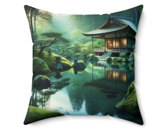 Spun Polyester Square Pillow - Peaceful Japanese Zen Garden