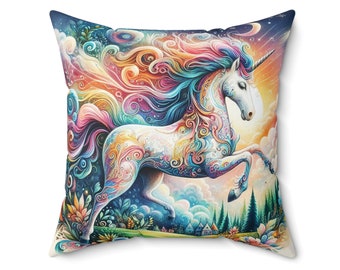 Spun Polyester Square Pillow - Whimsical Unicorn, Magical Landscape