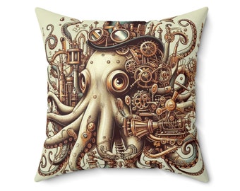 Spun Polyester Square Pillow - Whimsical Octopus, Mechanical Tentacles