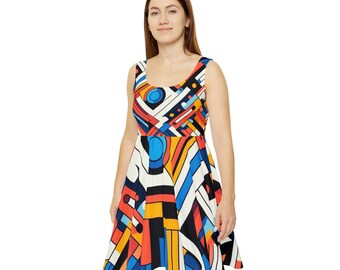 Women's Skater Dress - Dynamic Geometric Patterns in Bold Multi-Colors