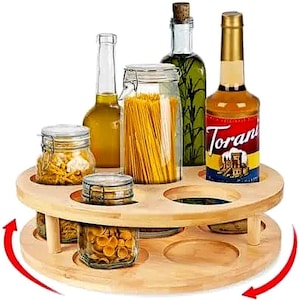 Bamboo Rotating Coffee Syrup Organizer | 7-Bottle Countertop Syrup Rack | Space-Saving Lazy Susan for Coffee Station