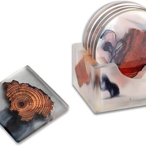 Wooden Resin Coasters Set of 6 | Square or Circle Epoxy Coasters with Holder | Modern Drink Coasters for Home & Bar
