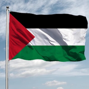 Könnte beinhalten: Die palästinensische Flagge weht im Wind vor blauem Himmel mit Wolken. Sie zeigt ein rotes Dreieck und horizontale Streifen in Schwarz, Weiß und Grün.