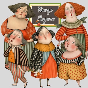 Puede incluir: Una ilustración digital que muestra cinco figuras estilizadas con rostros expresivos, vistiendo ropa colorida con patrones que incluyen rayas, lunares y formas geométricas. El texto Strange Elegance está centrado en un marco rectangular oscuro.