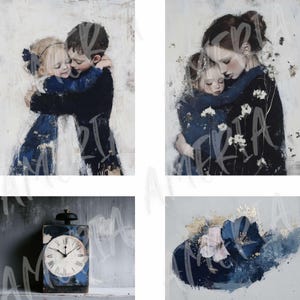May include: A collage of four paintings. The first painting shows two children hugging. The second painting shows two women hugging. The third painting shows a clock on a shelf. The fourth painting shows a blue flower with gold accents.