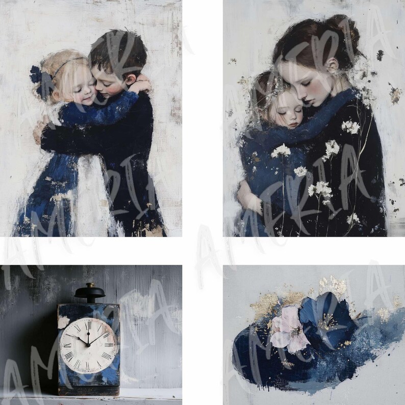 May include: A collage of four paintings. The first painting shows two children hugging. The second painting shows two women hugging. The third painting shows a clock on a shelf. The fourth painting shows a blue flower with gold accents.