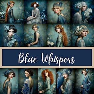 Puede incluir: Un collage de retratos que presenta a mujeres con atuendos de inspiración vintage, predominantemente en tonos azules. Las imágenes muestran varios peinados y accesorios, con una pancarta central que dice "Blue Whispers" en una escritura elegante. La estética general es artística y romántica.
