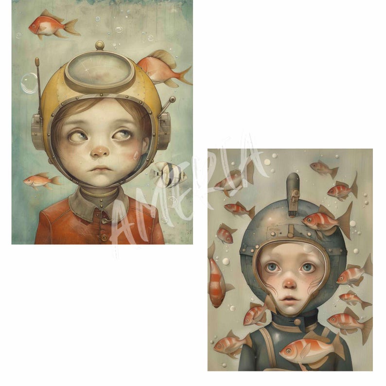 Surreal Fish Digital Art: Whimsical Junk Journal Kit (71 JPEGs) bild 2