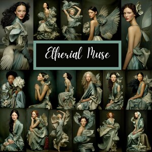 May include: A collage of portraits featuring women in flowing, light blue and gray gowns with elaborate details. The text "Ethereal Muse" is displayed on a teal background. The images evoke a sense of fantasy and artistic expression.
