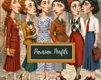 Printable Paper Dolls Clipart Bundle, 35 Whimsical Parisian Characters + 26 Backgrounds, Quirky Vintage Ladies, Parisian Misfits