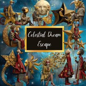 May include: A whimsical collage featuring figures with star, moon, and sun motifs. The figures are dressed in various outfits, with a celestial theme. The text "Celestial Dream Escape" is displayed on a black background with a gold border, set against a blue starry backdrop.
