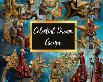 Celestial Dream Escape Clipart – 107 PNG Characters, 33 Backgrounds, Stars, Moon, Whimsical Surreal Daydream Scenes