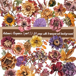 Herbstliche Eleganz - 84 Png Herbst Getrocknete Blumen & Blätter - Herbstlaub Herbst Flora Halloween Digital Art Junk Journal CU