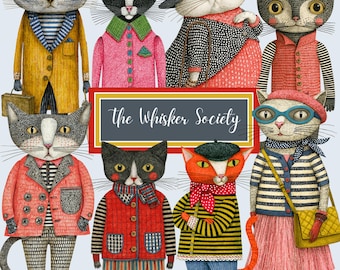 Vintage Cat Clipart, 100 Whimsical Anthropomorphic Cats, Printable Paper Dolls, Quirky Feline Characters, Digital Download