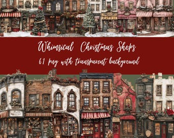 May include: A collection of 61 whimsical Christmas shop illustrations with a transparent background. The shops are decorated with festive greenery, lights, and signs. Each shop has a unique design and features a variety of Christmas-themed items.